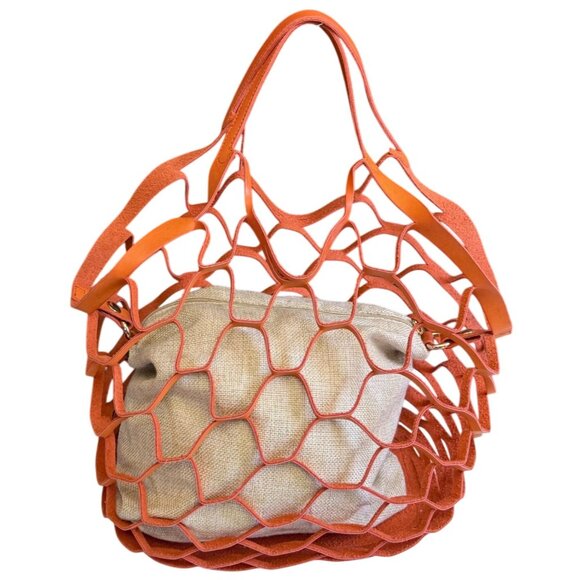 Leather Mesh Beach Picnic Vacation Clutch Handbag Women's Orange Gray Boho - Picture 1 of 11